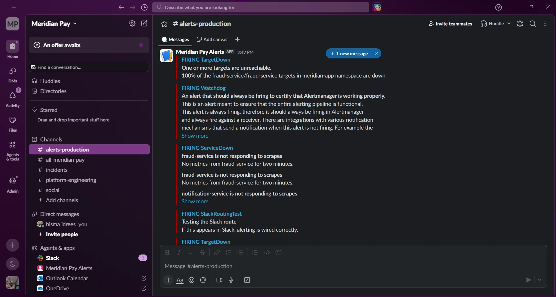 Slack production alerts routed from Meridian Pay monitoring