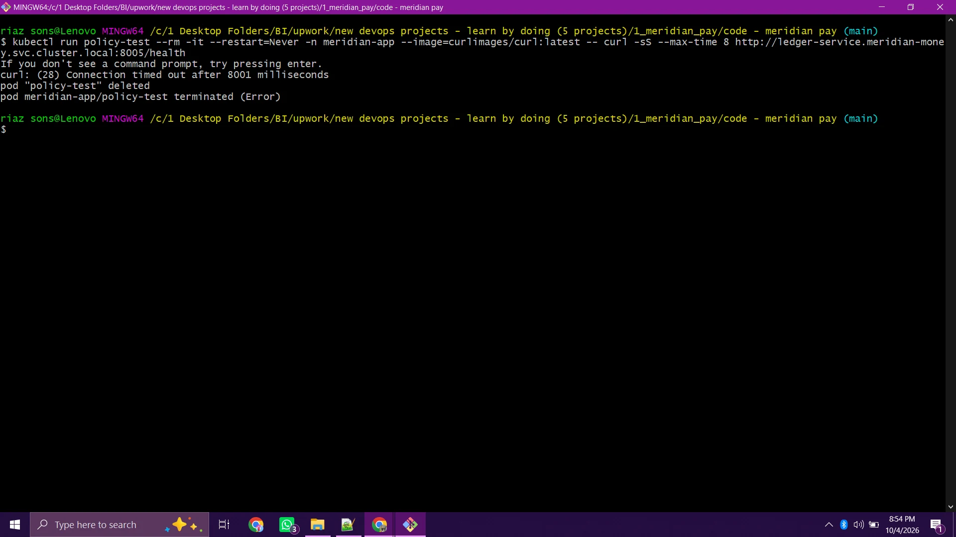 Terminal showing a timed out direct call from application zone to ledger service