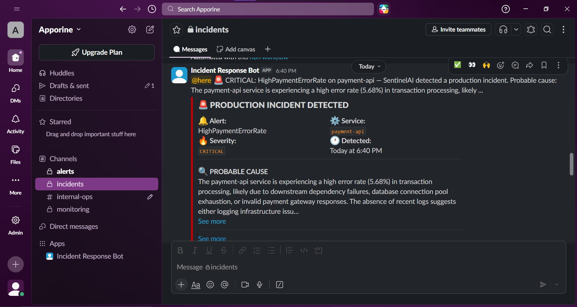 SentinelAI incident response notification in Slack