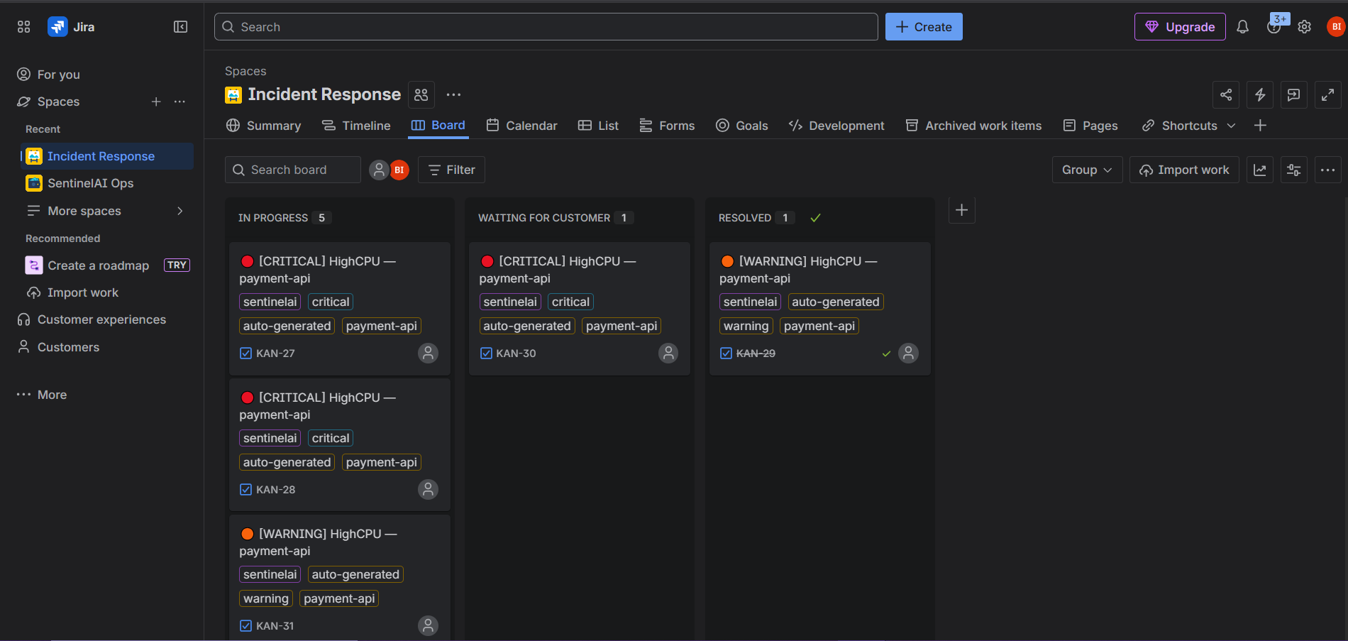 Jira incident tickets created by the workflow